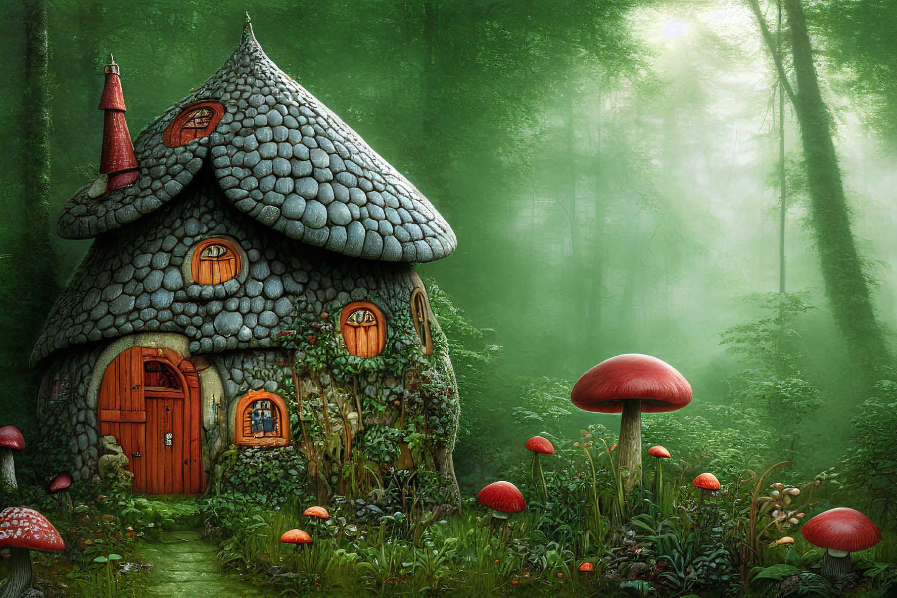 Enchanting stone cottage with thatched roof and red turret in forest with oversized red-capped mushrooms