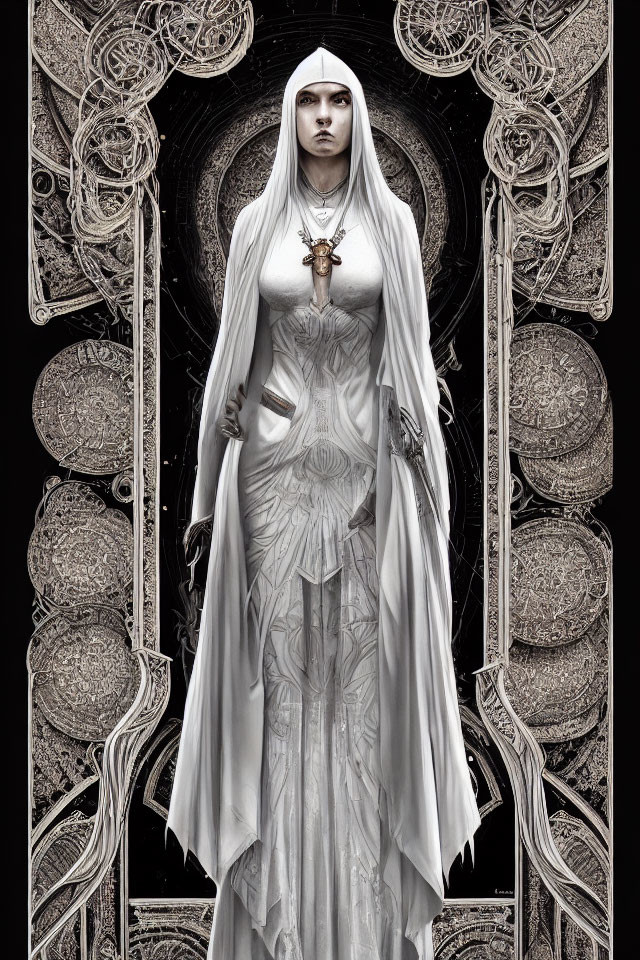 Ethereal figure in white robe with stern expression and dark circular patterns