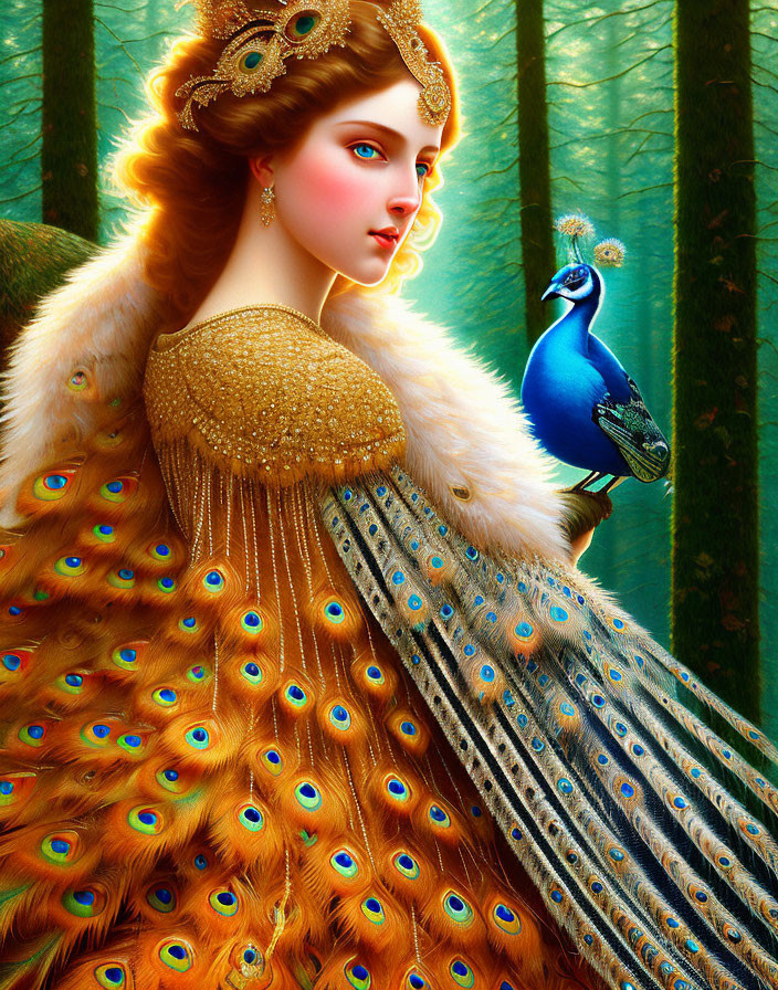 Woman in Peacock-Themed Dress with Peacock in Forest