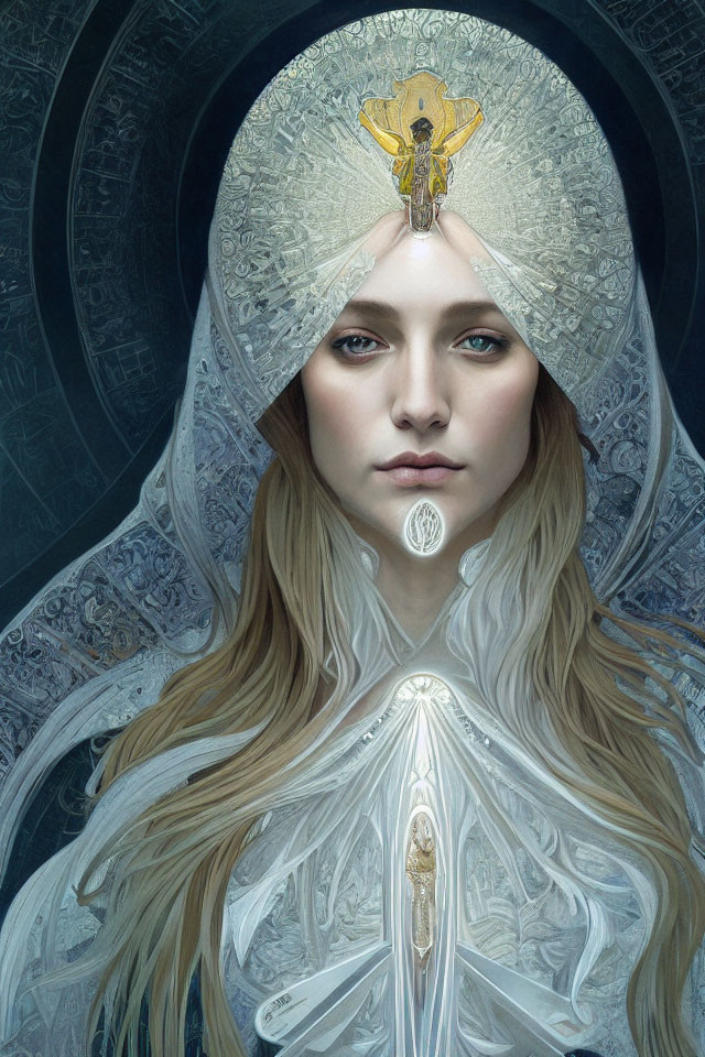 Blonde woman in white and silver cloak with blue eyes