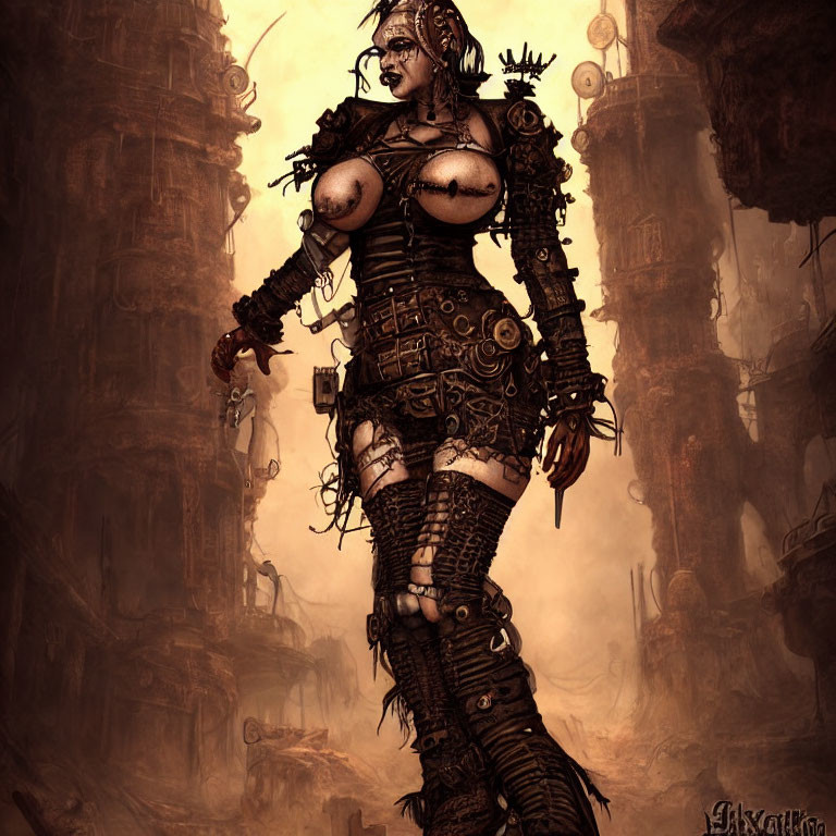 Female steampunk warrior with mechanical limbs in industrial setting