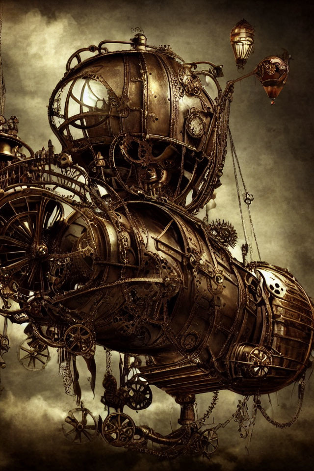 Steampunk airship with gears and dirigible in sepia-toned sky