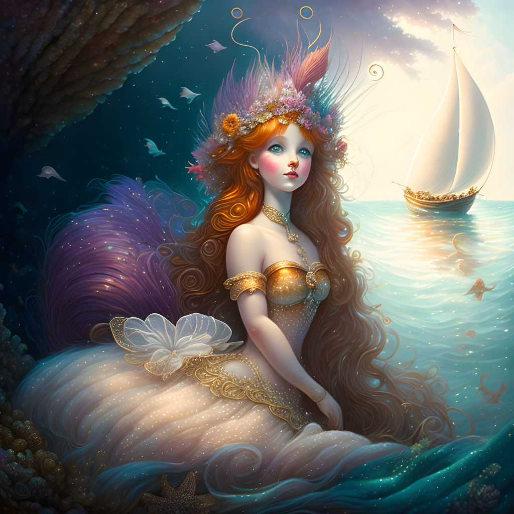 Mythical mermaid with coral crown, boat, underwater scene