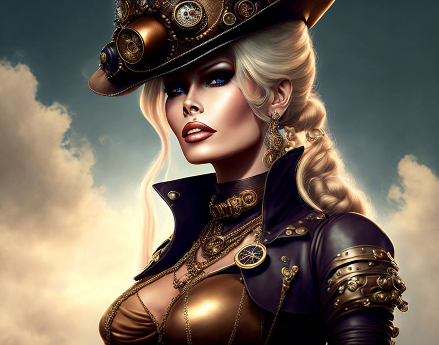 Digital artwork: Woman with platinum blonde hair in steampunk style hat & accessories with golden gears,