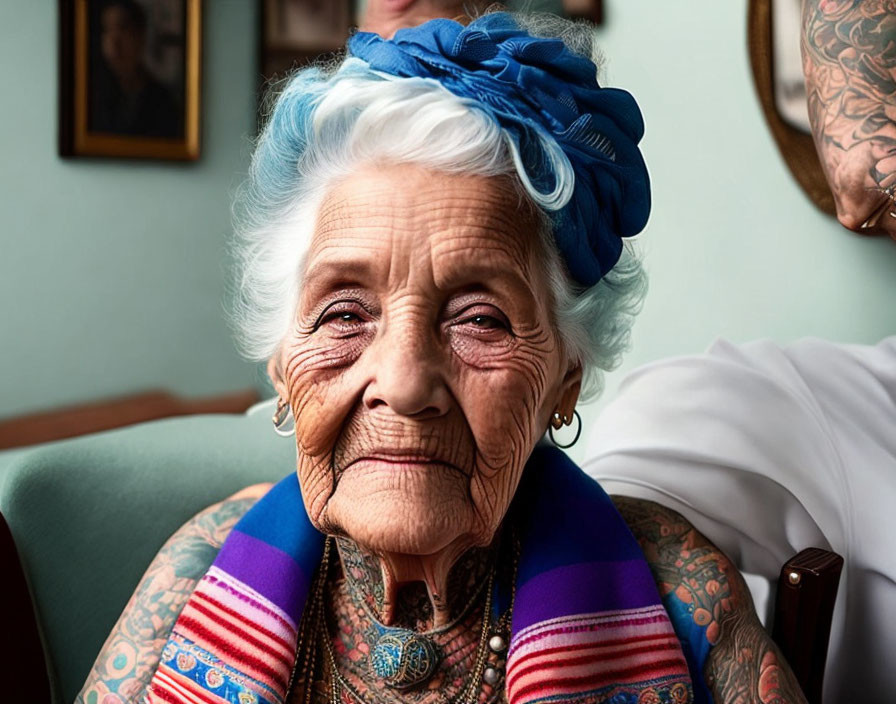 Elderly woman with blue headwrap, colorful tattoos, and piercing blue eyes.