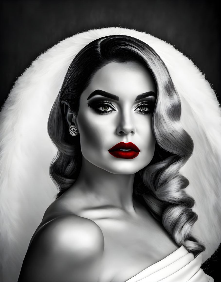 Monochromatic portrait of woman with red lips and fur stole