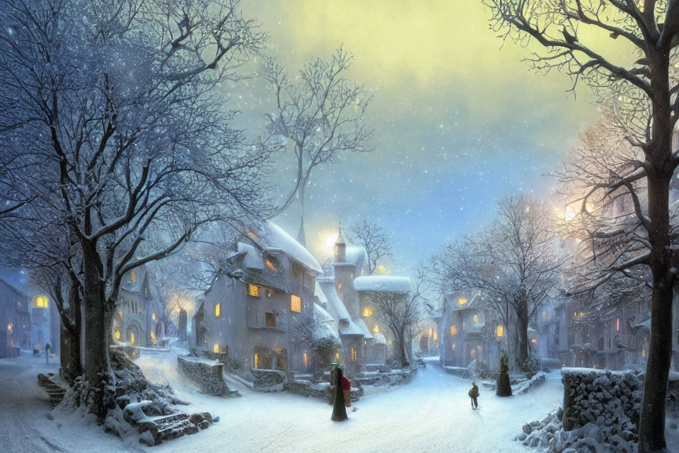 Snowy Village Scene: Snow-covered cottages, bare trees, glowing lamps, and people walking at