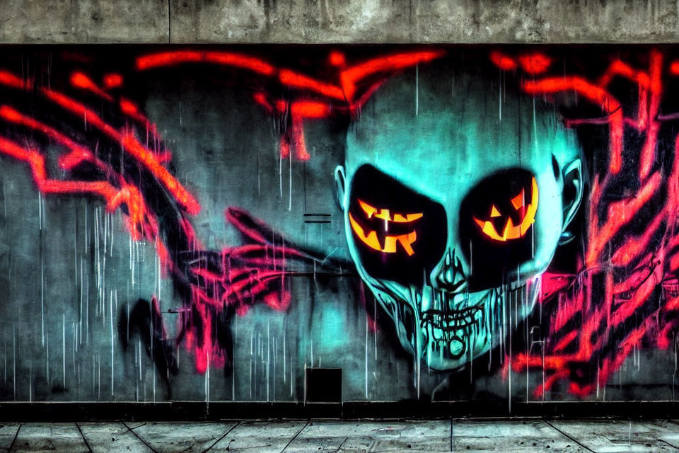 Colorful skull graffiti mural with glowing orange eyes on red urban wall