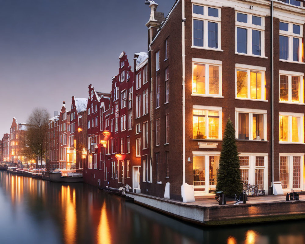 Peaceful Amsterdam Canal with Traditional Dutch Houses at Twilight