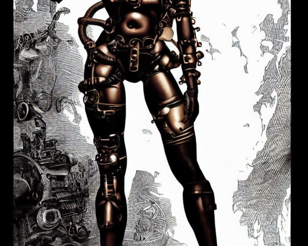 Detailed Mechanical Suit Worn by Humanoid Figure on Etched Background