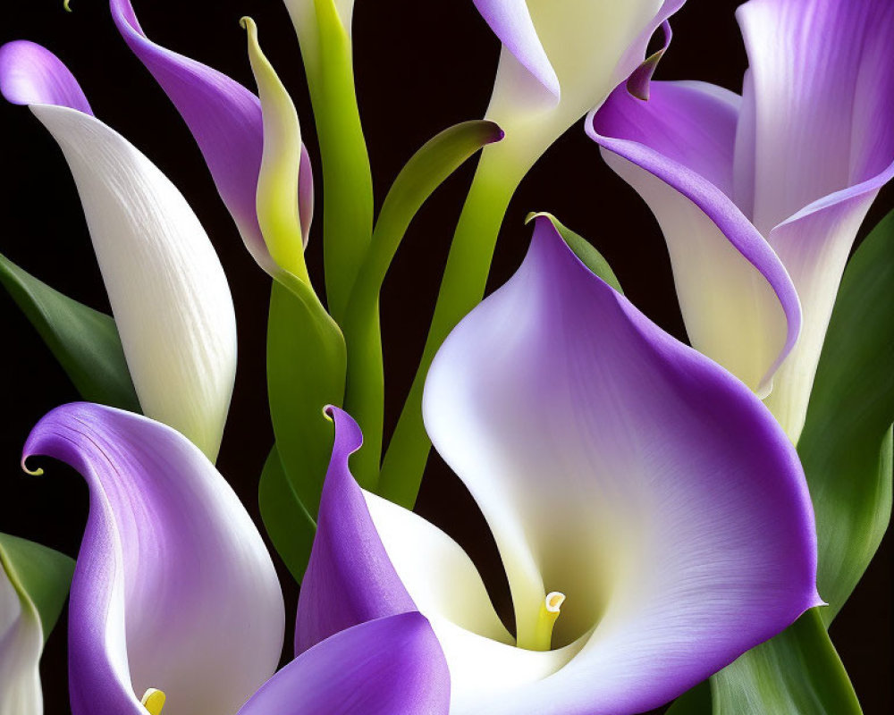 Vibrant close-up of white and purple calla lilies on dark background