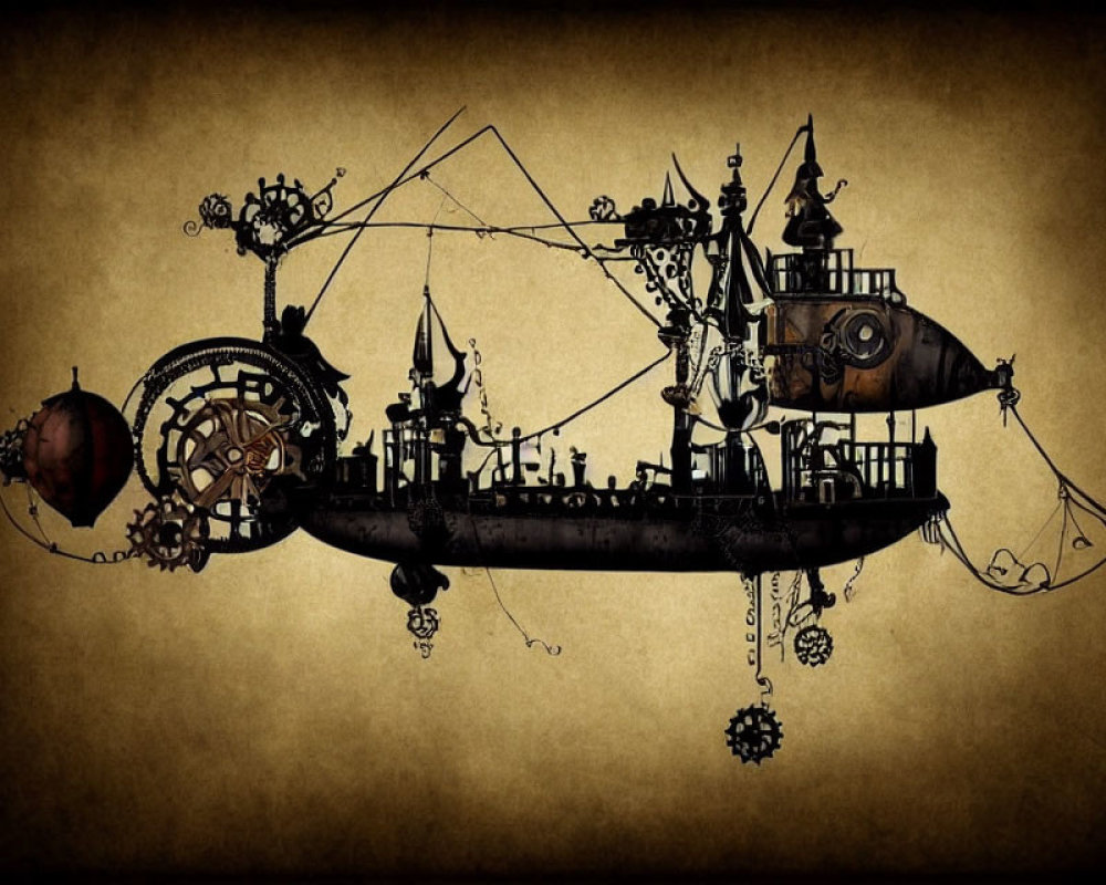 Steampunk-style airship illustration with gears and cogs