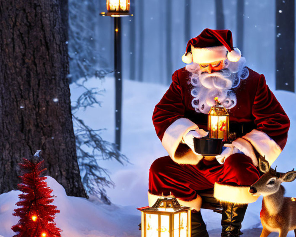 Santa Claus in snowy forest with lantern, reindeer, and Christmas tree at night