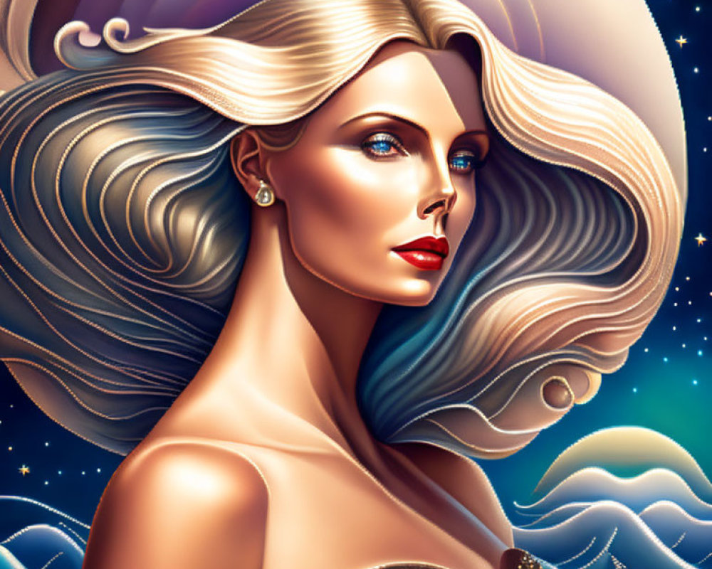 Woman with Flowing Hair in Cosmic Background with Stars and Celestial Motifs