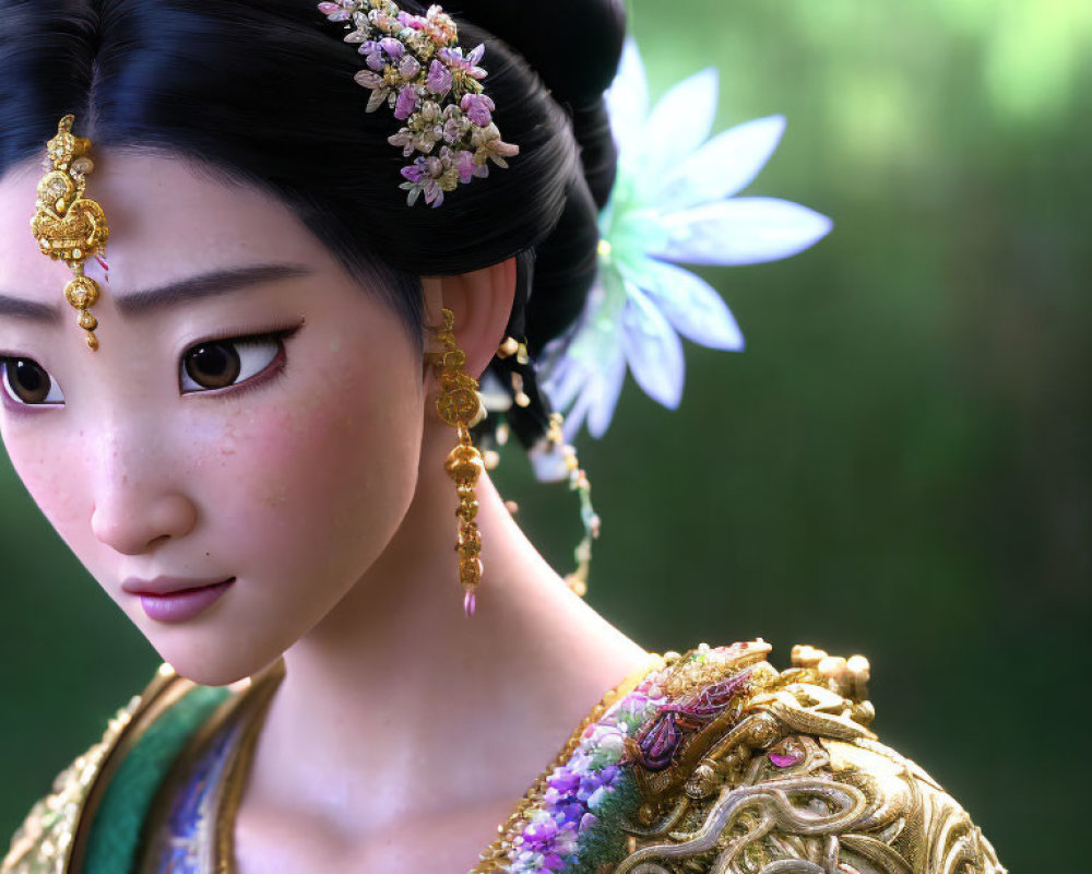 Detailed 3D render: Woman in Asian attire with gold jewelry and floral hair accessories