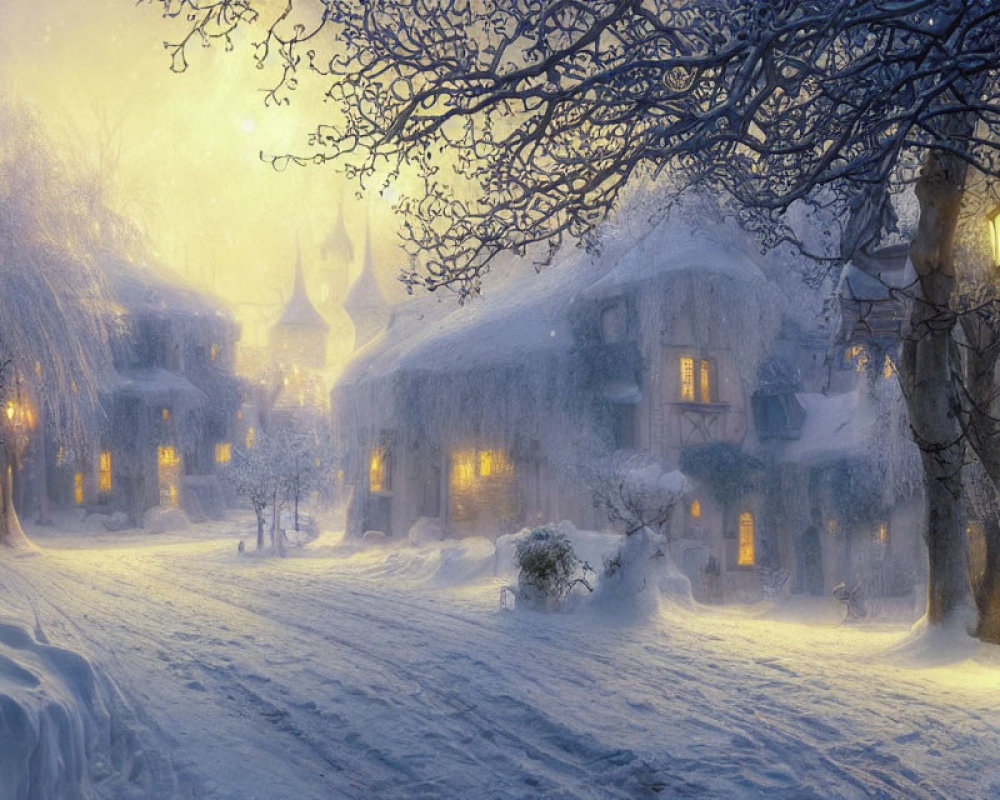 Snowy village scene at dusk: glowing windows, snow-covered houses, bare tree branches