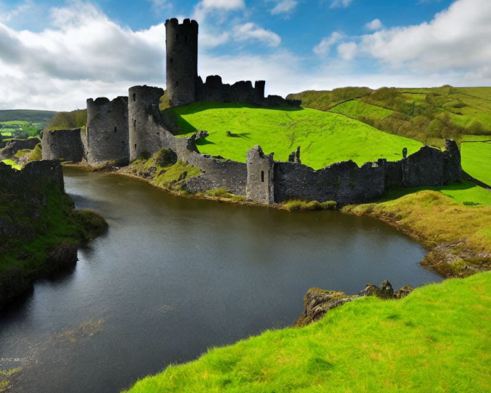 Medieval castle ruins with tower by calm river amidst green hills