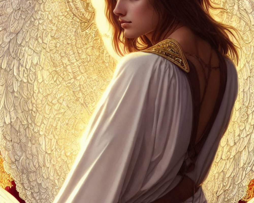 Angel wings, golden halo, white robe: serene figure in radiant background