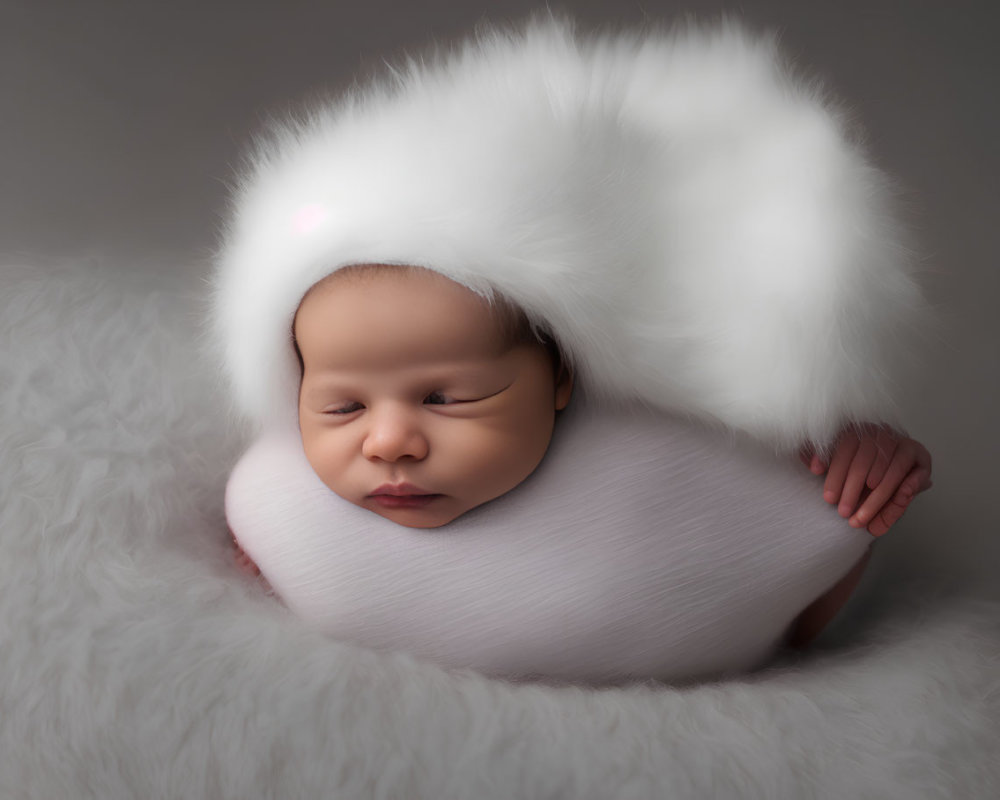 Newborn baby swaddled in pink blanket on fluffy surface