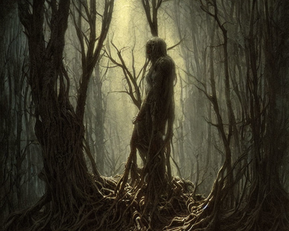 Eerie figure with long hair in haunting forest scene