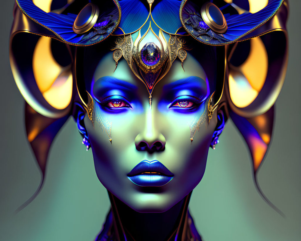 Blue-skinned being with golden headdresses and jewelry in digital art portrait