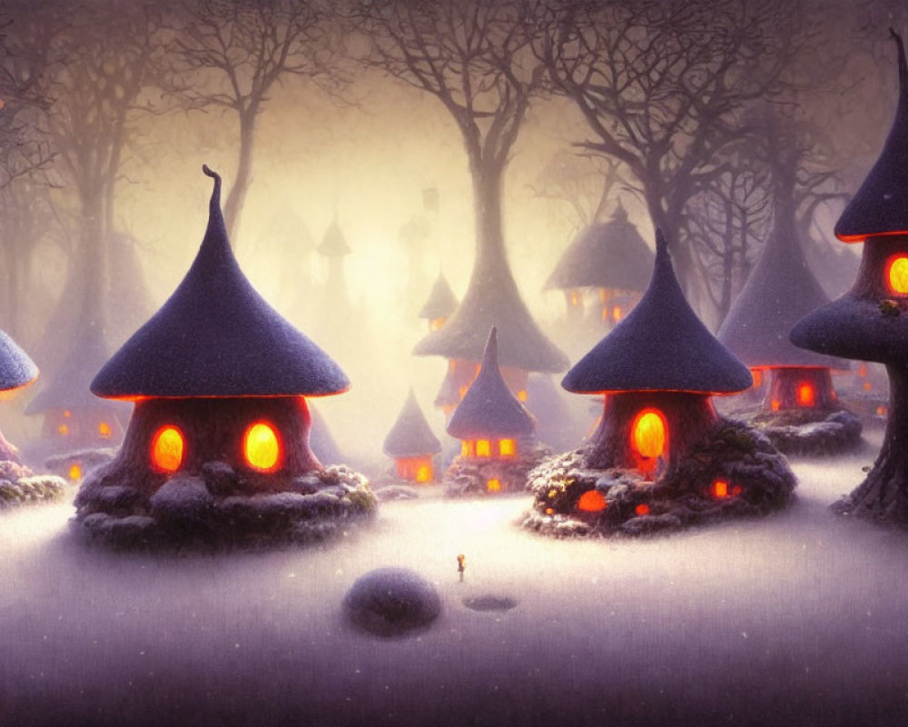 Twilight scene: Mushroom-shaped houses in snowy forest with solitary figure