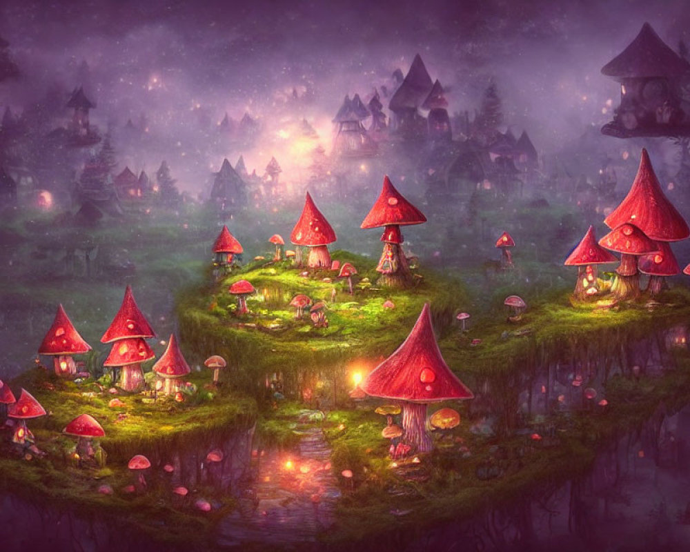 Fantasy landscape with red-capped mushrooms, floating islands, and twilight sky