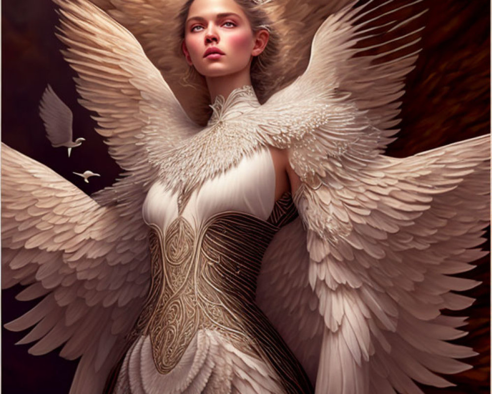 Detailed digital artwork of woman with angelic wings and ornate dress.