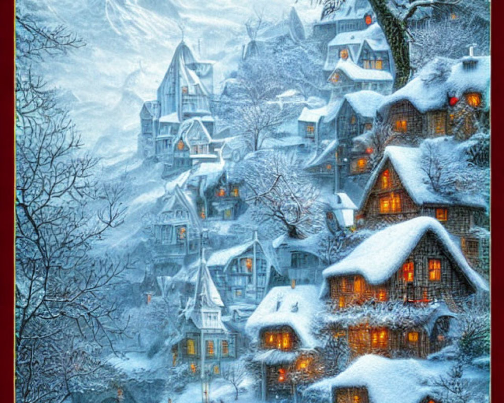 Snow-covered village with glowing lights in winter landscape