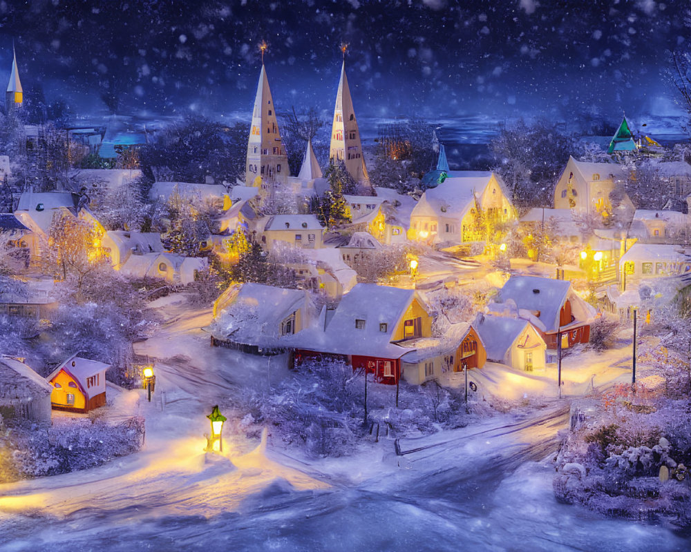 Snow-covered winter village at night with glowing houses and street lamps