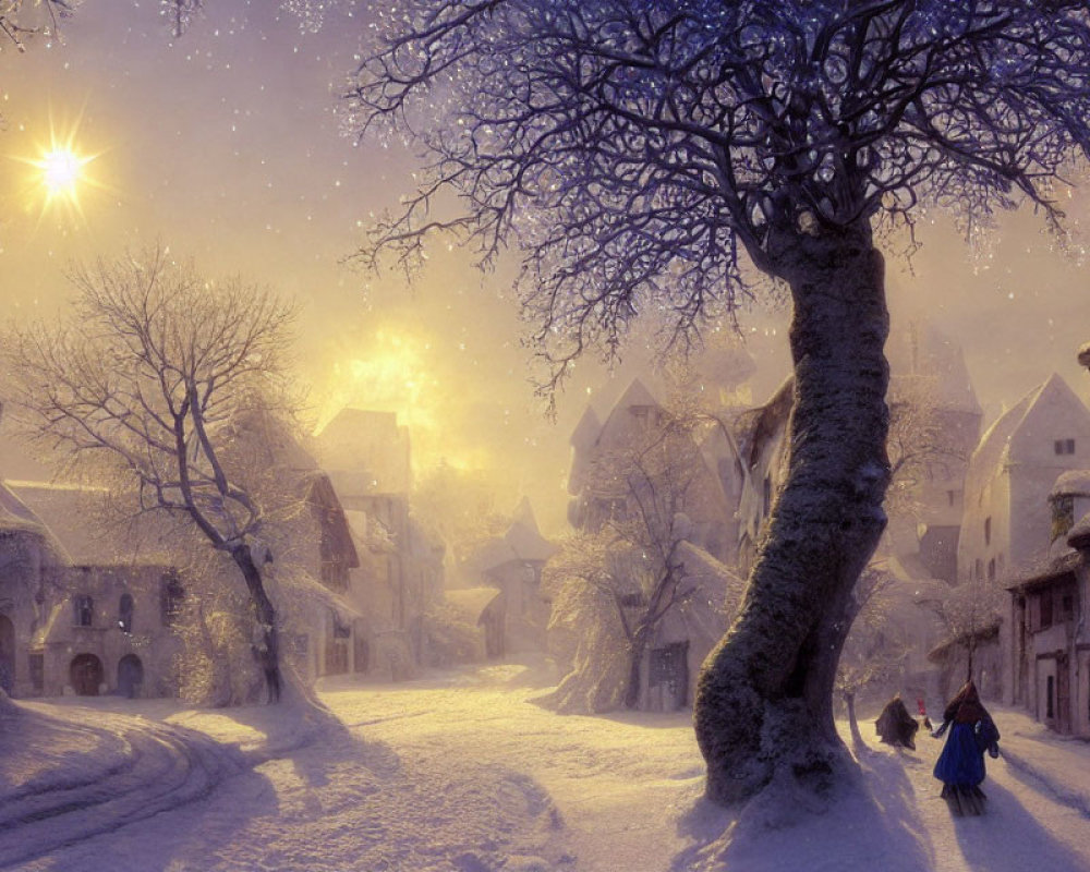 Snowy Twilight Scene in Old Village: Person Walking, Snow-Covered Houses, Warm Lights