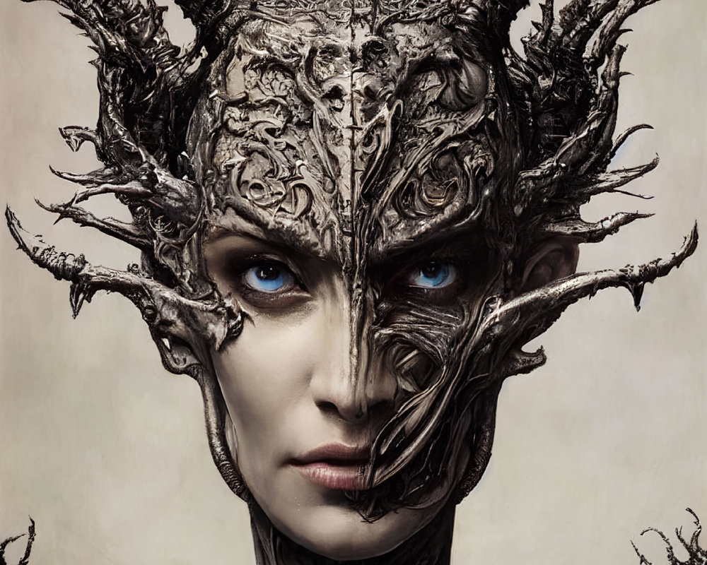 Person wearing ornate metallic headpiece with blue eyes and fantastical features