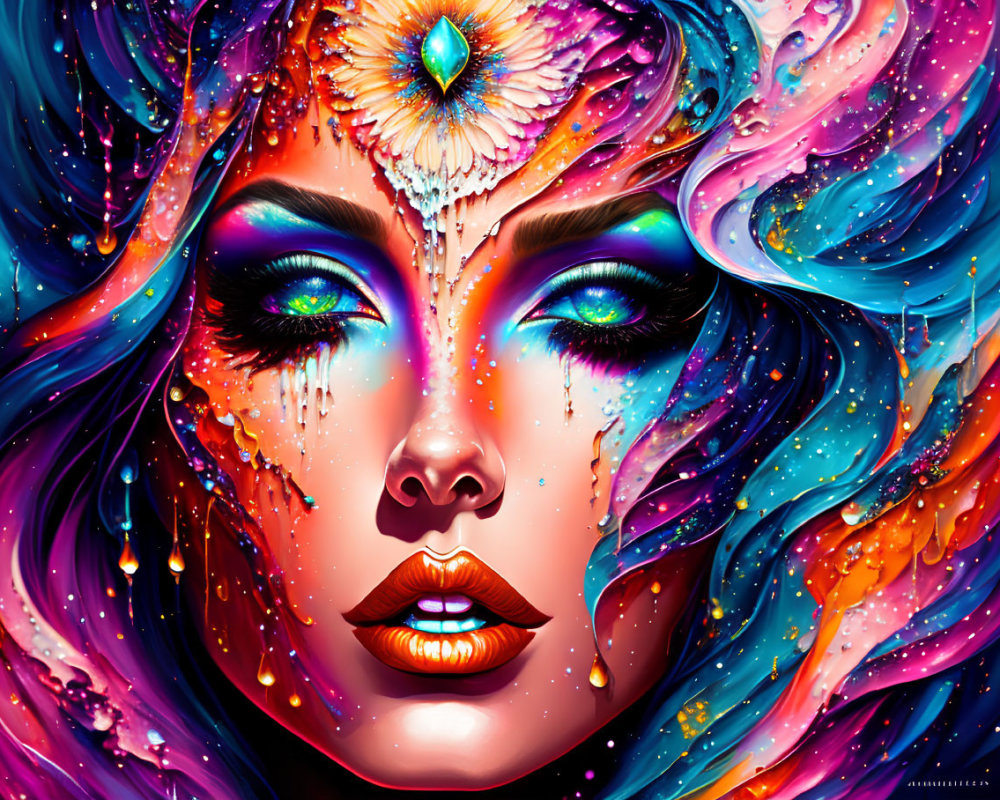 Colorful cosmic makeup woman with paint effects and forehead jewel in starry background