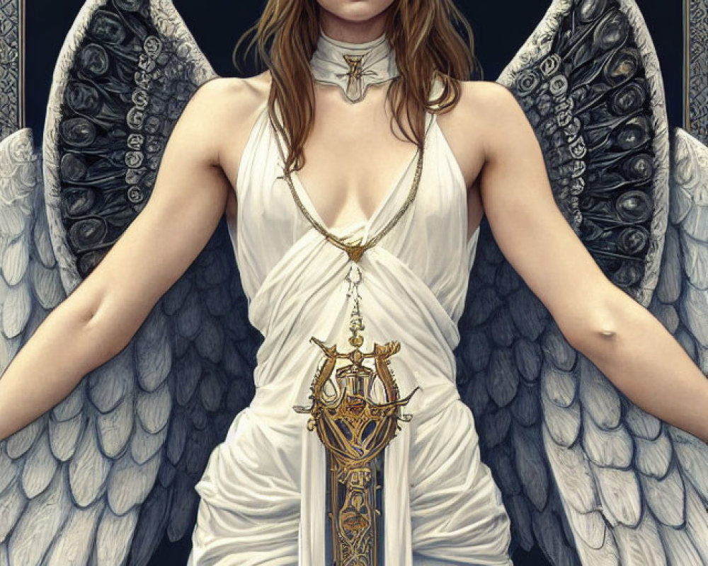 Regal figure in white with golden crown, wings spread, holding ceremonial sword