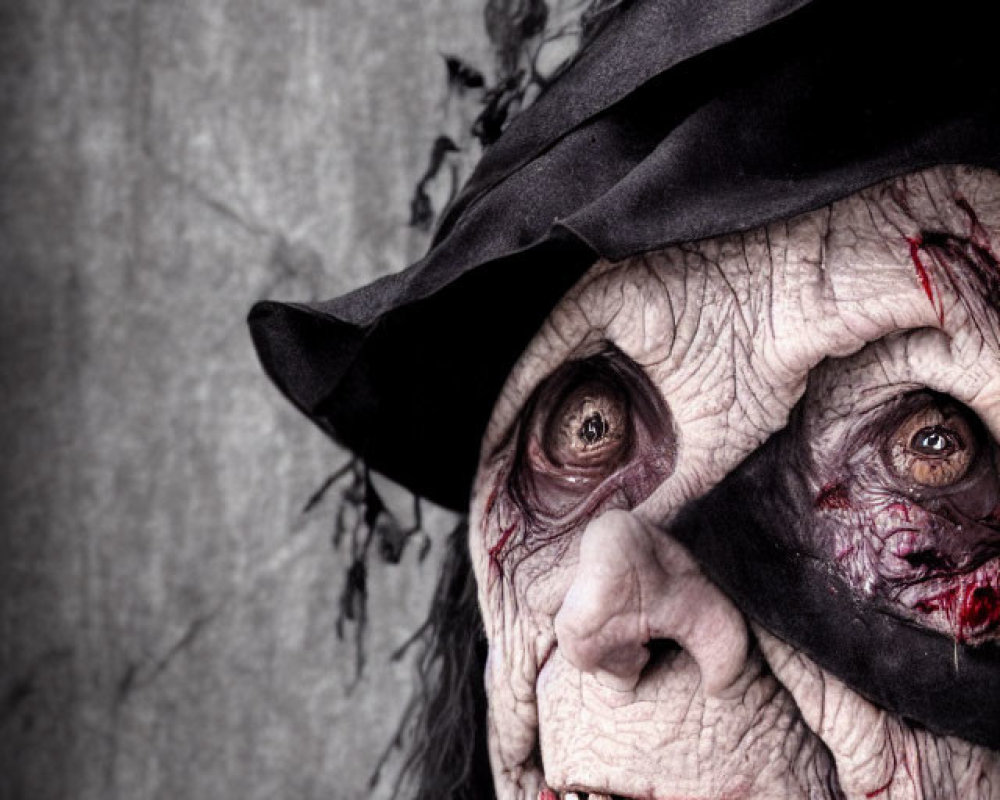 Witch makeup with wrinkled skin, red eyes, pointed teeth, and black hat on gray backdrop