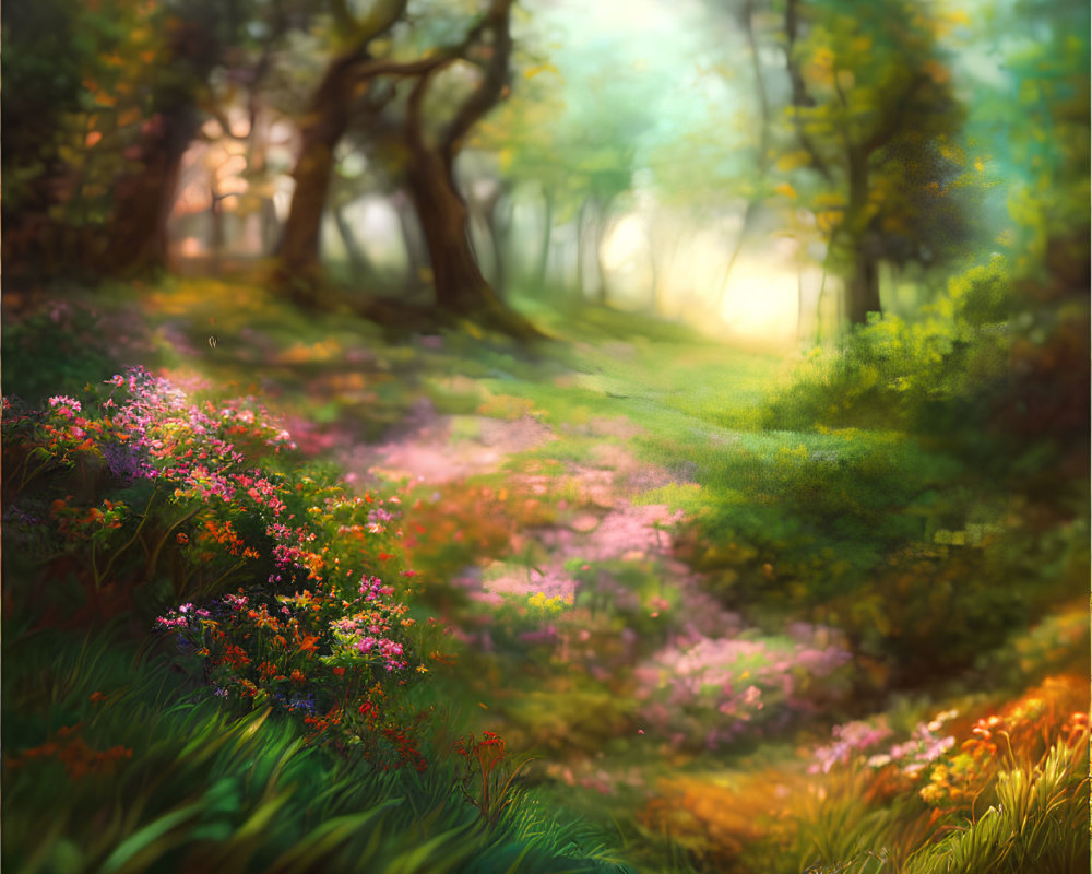 Lush forest scene with sunlight, trees, path, and wildflowers