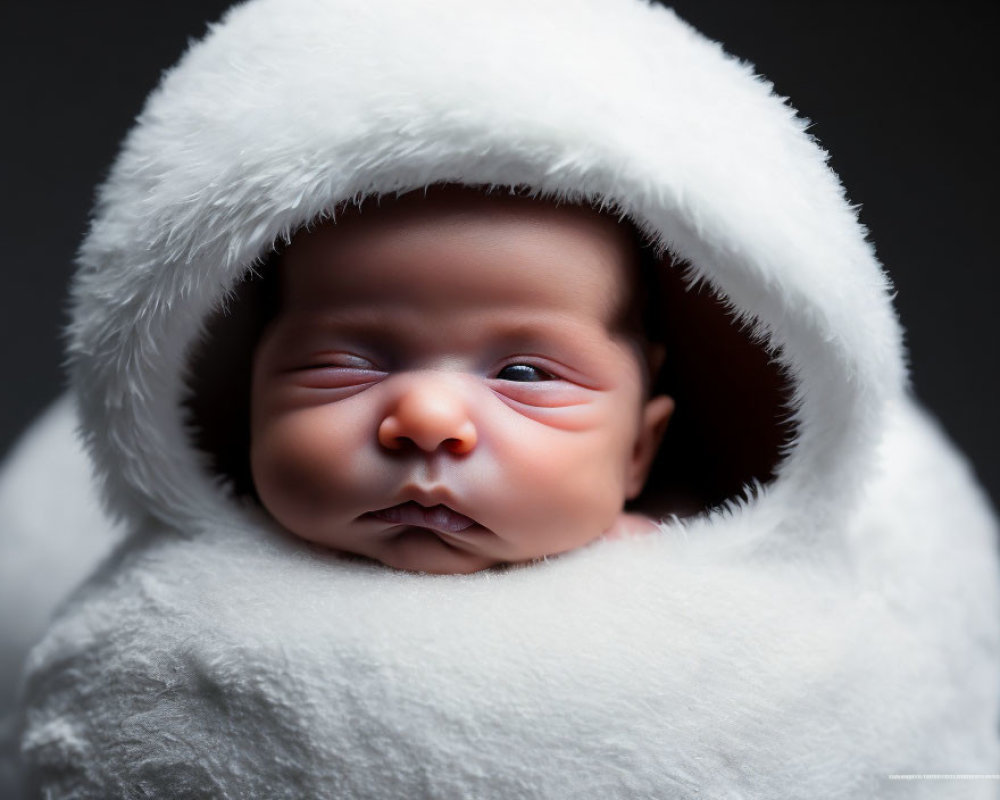 Newborn baby swaddled in soft white fabric with hood on dark background