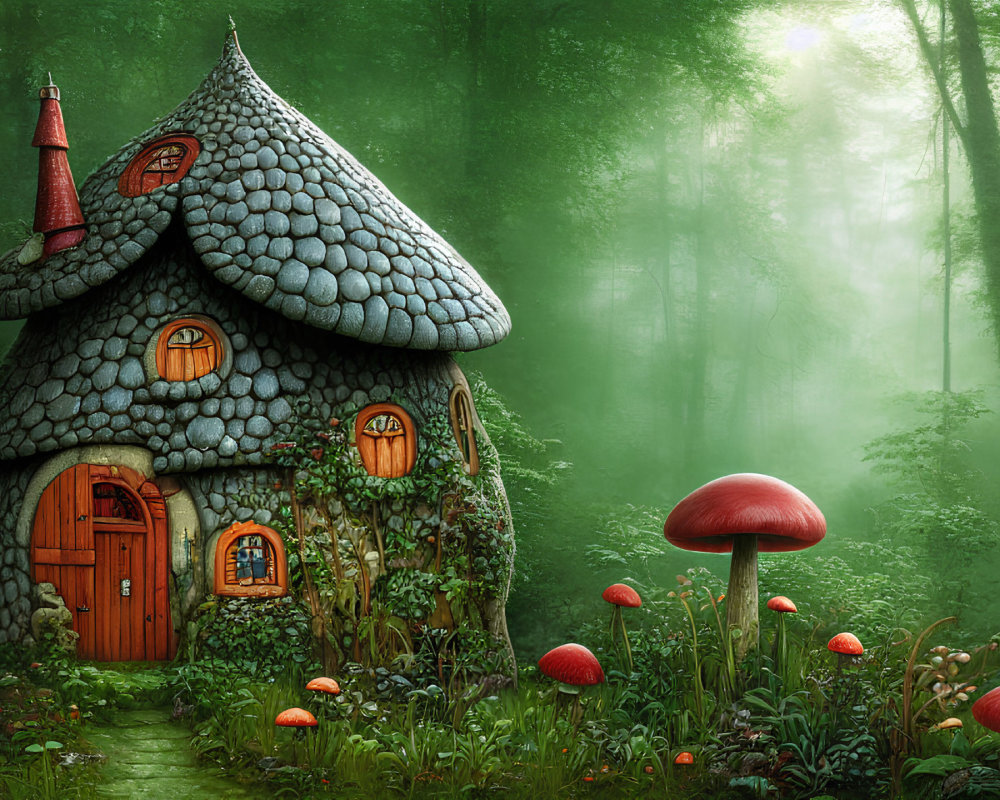 Enchanting stone cottage with thatched roof and red turret in forest with oversized red-capped mushrooms