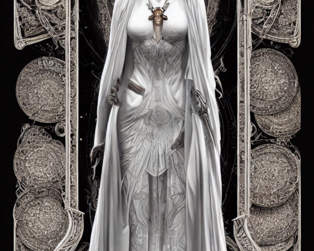 Ethereal figure in white robe with stern expression and dark circular patterns