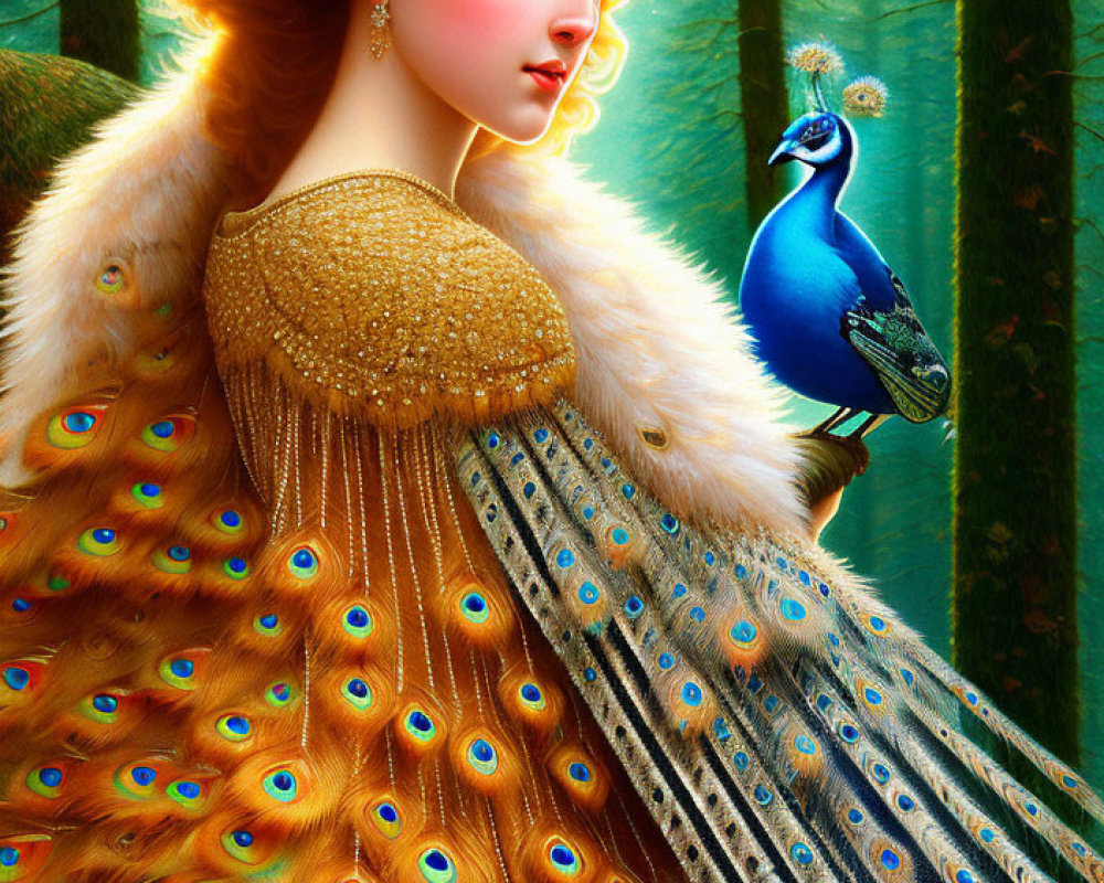 Woman in Peacock-Themed Dress with Peacock in Forest