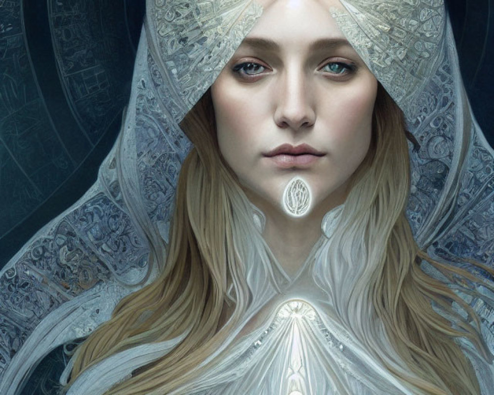 Blonde woman in white and silver cloak with blue eyes