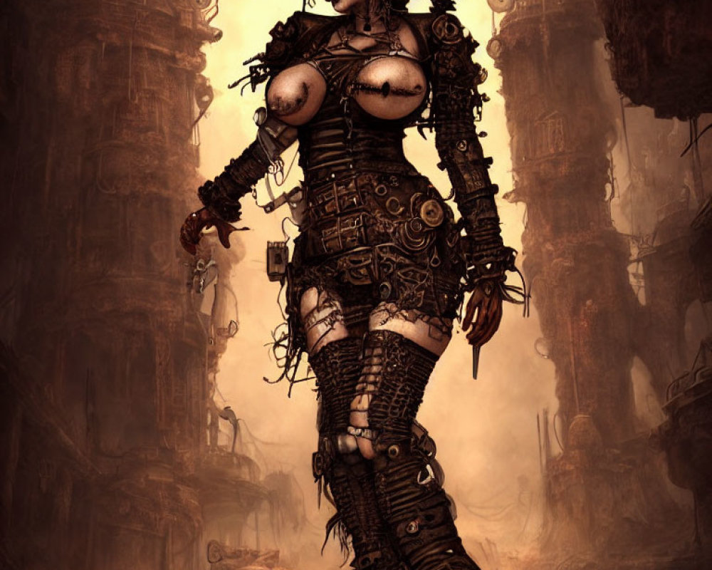 Female steampunk warrior with mechanical limbs in industrial setting