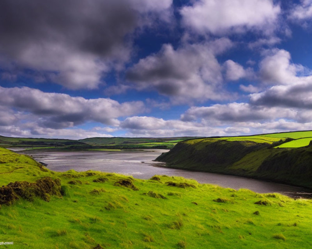 Scenic landscape: green hills, cliffs, river estuary, dynamic sky.