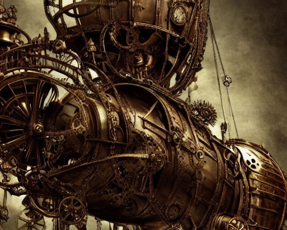 Steampunk airship with gears and dirigible in sepia-toned sky