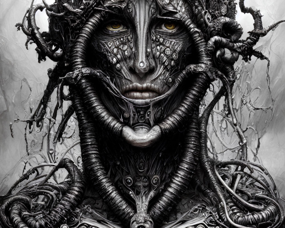 Detailed monochrome artwork of humanoid face with intricate mechanical and organic elements intertwined