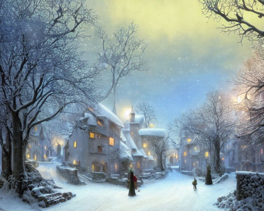 Snowy Village Scene: Snow-covered cottages, bare trees, glowing lamps, and people walking at