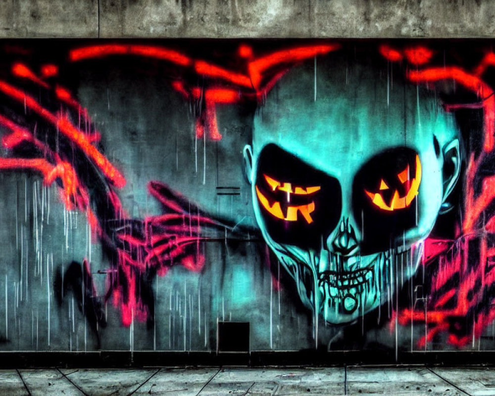 Colorful skull graffiti mural with glowing orange eyes on red urban wall