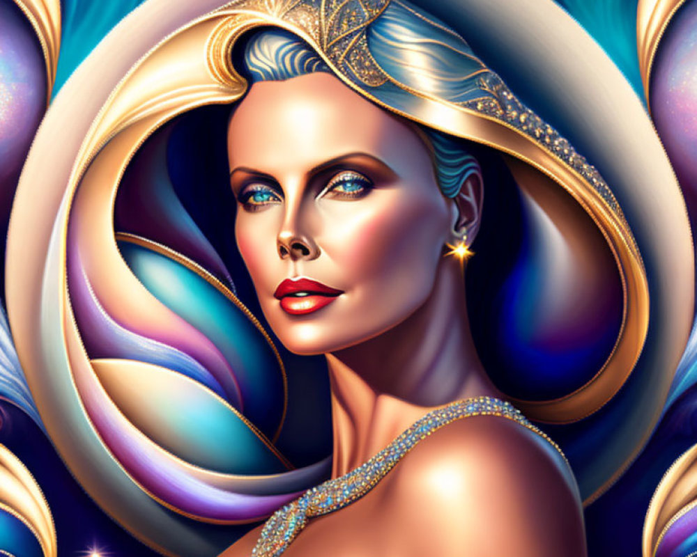 Stylized portrait of a woman with golden tiara and cosmic swirls.