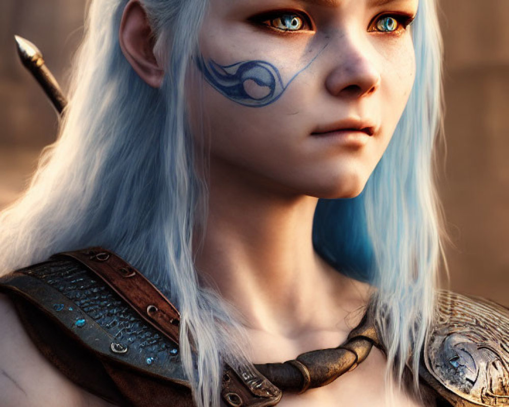 Digital portrait of woman with white-blue hair, tribal face paint, orange eyes, and fantasy armor on