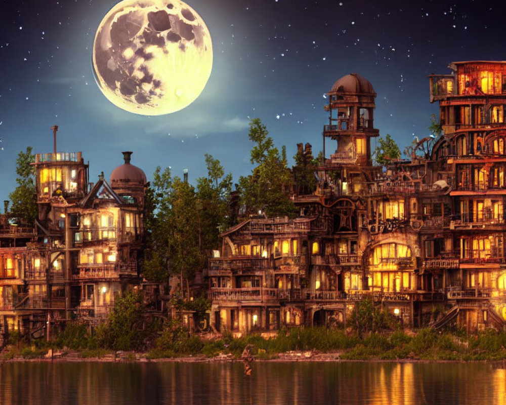 Victorian-style stacked houses under oversized moon in serene night scene